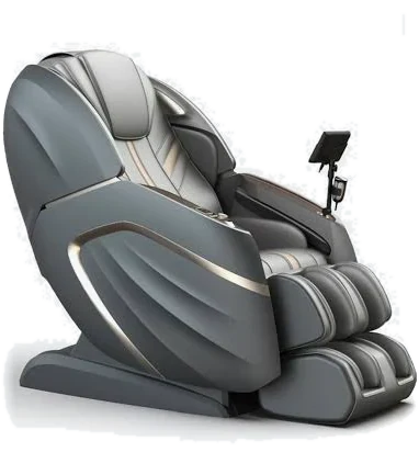 Graphite gray full-length massage chair with brushed-silver trim lines, an enclosed leg rest with foot wells, and a tablet-style controller on a side arm