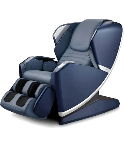 Navy blue sofa-style massage chair with a light gray seat, a fold-out leg rest with foot wells and a white-edged curved side panel